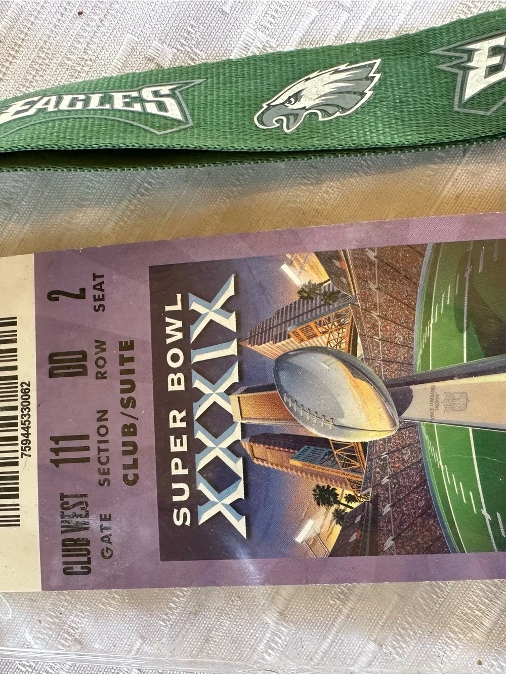 Vintage 2005 Super Bowl XXXIX Eagles Patriots Full Ticket & Lanyard